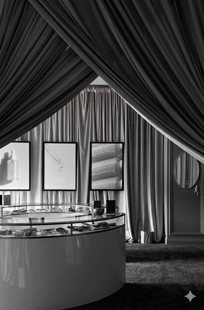 Beauty retail environment with draped walls and product displays